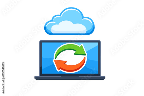 Cloud storage system with laptop showing data sync symbol and cloud illustration above in a simple digital design