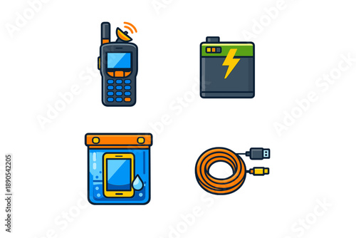 Different tools for staying connected and charging devices including a walkie-talkie, battery, waterproof phone case, and charging cable
