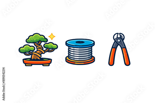 Bonsai tree, wire spool, and pruning tools arranged on a white background during a crafting session to create a miniature garden scene
