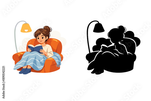 Woman reads a book on a sofa under a lamp while wrapped in a blanket during evening time at home