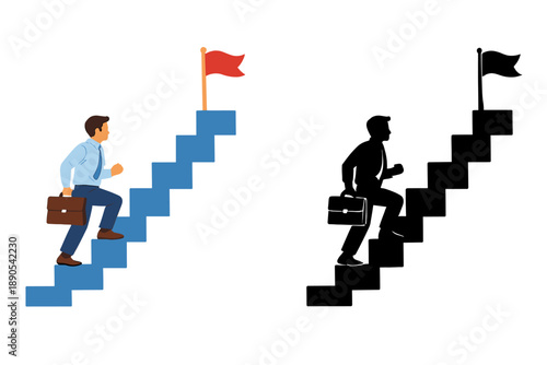 Person climbs stairs toward flag with briefcase in hand, showing effort and determination in business or personal goals at an undefined location
