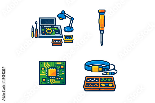 Tools and components are arranged on a working table in a workspace for electronics projects during the day
