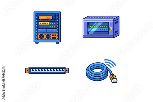 Network equipment shown including a server, switch, patch panel, and Ethernet cable in a digital art style