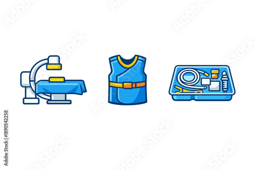 Medical equipment includes an operating table, a protective vest, and a surgical kit at a healthcare facility in the afternoon