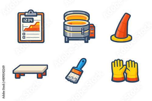 Construction tools and materials are shown with a clipboard, safety cone, mixing tank, a work table, a paintbrush, and gloves used for work tasks