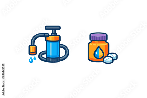 Water pump and medicine bottle sit side by side showing different tools for health and hydration used in everyday life