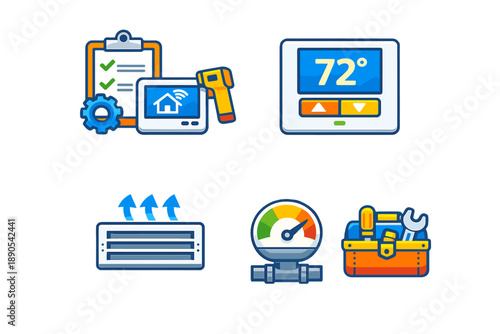 Icons display different tools and devices for home heating and cooling systems and their settings at various temperatures for effective climate control