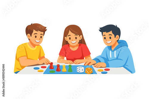 Children play a board game together in a bright room during a weekend afternoon at home with colorful game pieces and dice on the table