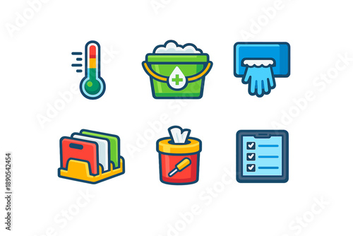 Various cleaning and health icons showing thermometer, cleaning supplies, files, tissues, and a checklist on a white background
