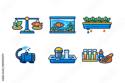 Different tools and elements for aquaponics, showcasing balance, fish tanks, plants, and water management in a simple setup