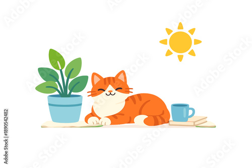 Orange cat relaxes near a plant and a cup in a sunny room with books on a table during the day