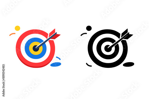 Different targets with arrows hitting the center, one in color and the other in black and white, show contrasting styles for visual impact and focus on aim
