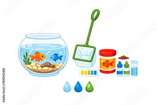 Fish bowl with goldfish and supplies for fish care and maintenance during daytime