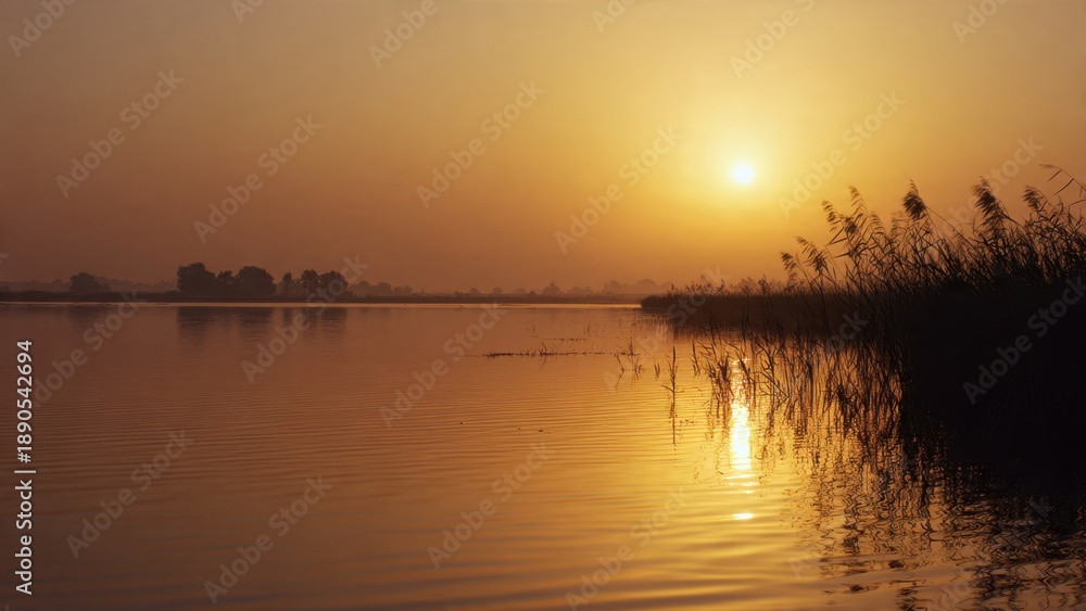 Fototapeta premium Golden sunset reflecting on a calm lake
