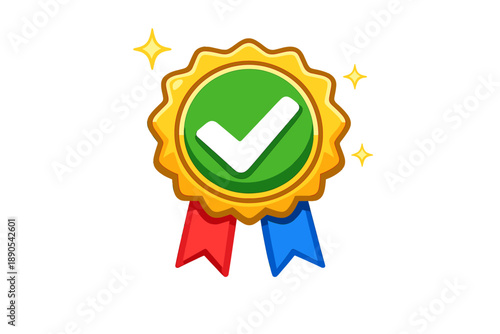Gold badge with green checkmark and red and blue ribbons on a white background representing achievement or certification in a playful design