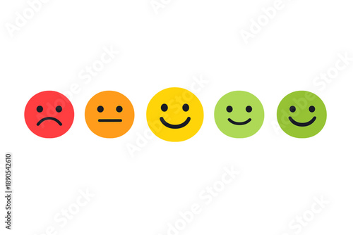 Five simple faces showing different emotions displayed in a row with red, orange, yellow, green, and light green colors at any time during the day