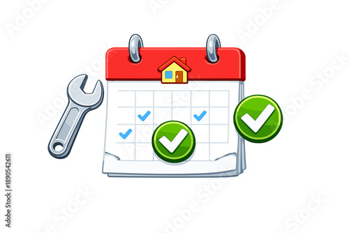 Calendar showing home maintenance tasks with checkmarks and a wrench for DIY activities in home care planning