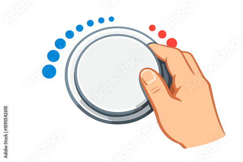 User adjusts a circular dial with a hand holding it, showing colors blue and red and circles indicating settings