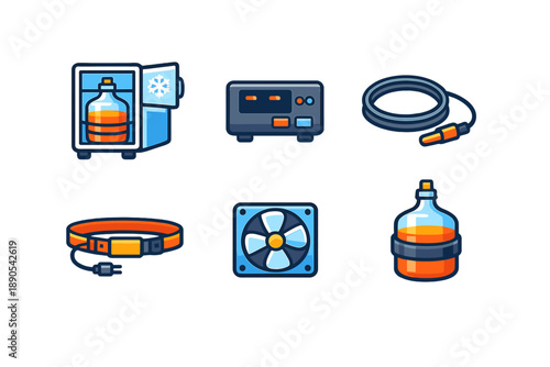 Various equipment and tools for cooling and processing liquids displayed on a plain background in a clear layout to show their functions and designs
