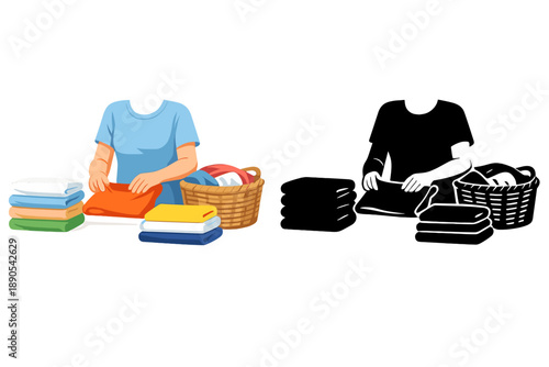 Person folding clean laundry at home in the afternoon with baskets and neatly stacked clothes on the table