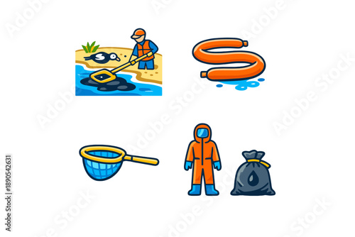 Cleanup efforts are underway at the beach as workers in protective gear remove waste and pollutants from the shoreline during daylight hours