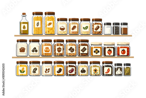Collection of jars with food items arranged on shelves in a kitchen setup during daytime