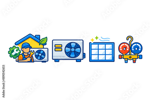 Technician servicing air conditioning unit at residential location during daytime with tools and equipment present