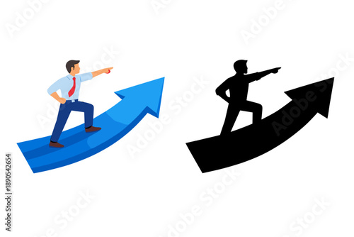 Businessman pointing at an upward arrow in a graphic design with a second figure in silhouette on a similar arrow