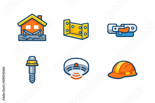 Icons show tools and safety equipment related to construction and home repair tasks found in various building sites or workshops