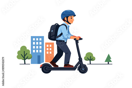 Person rides electric scooter in city setting during daytime with buildings and trees in the background