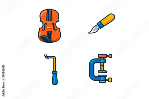 Collection of tools and instruments including a violin, a knife, a clamp, and a screwdriver on a plain background