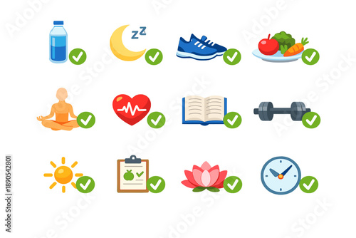 Checklist of daily activities that promote health and well-being including sleep, exercise, nutrition, and mindfulness practices completed during morning routine