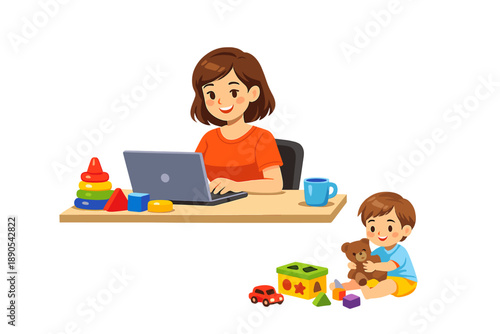 Mother works on laptop while child plays with toys in a bright room during daytime at home