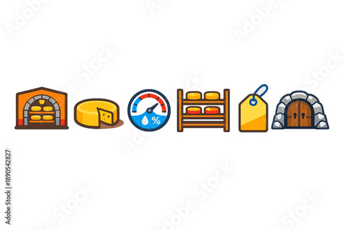 Cheese aging process displayed with icons showing storage, humidity levels, and types of cheese being aged