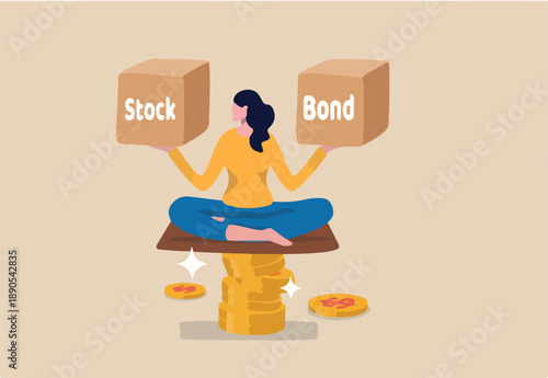 Diversify portfolio investment, rebalance between stocks and bonds, passive invest wealth accumulate concept, intelligent woman keep calm sitting on stack of money coins balancing stock and bond boxes