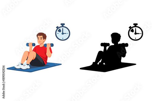 Boy exercising with dumbbells while a timer shows the workout duration in a simple home gym setting
