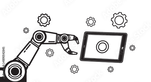 Robotic arm interacting with digital tablet surrounded by mechanical gears in simple black and white illustration