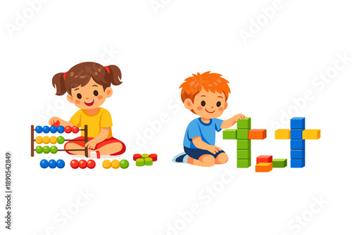 Children play with colorful building blocks and an abacus in a bright and cheerful room during the afternoon