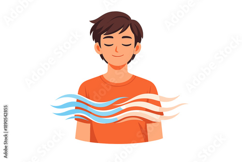 Young person with closed eyes and flowing colors around them in a digital art style during a creative moment of self-reflection