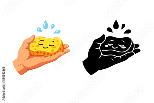 Two hands holding sponges, one yellow and one black, with drops of water above them, showing interaction with water and cleaning tools during a creative design activity
