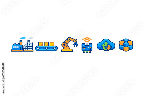 Modern industry scene showing factory, conveyor, robot, IoT device, cloud, and packaging system in a digital context