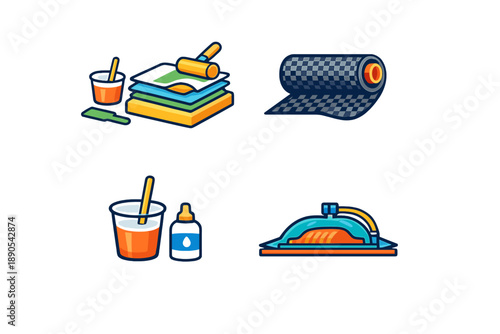 Supplies for a home improvement project including paint, rollers, a cutting mat, adhesive, and tools used for decoration