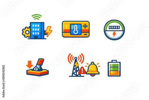 Icons showing various technology-related concepts including power management, monitoring systems, and communication signals in a digital style