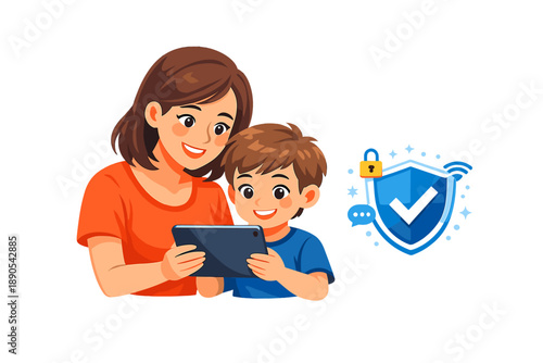 A mother and her son enjoy time together while looking at a tablet with a security symbol present in the background during a casual afternoon at home