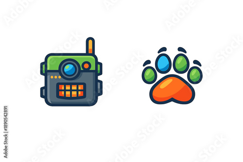 Robot and paw print icons show fun design with technology and pets in vibrant colors and simple shapes, appealing to kids and families looking for playful visuals