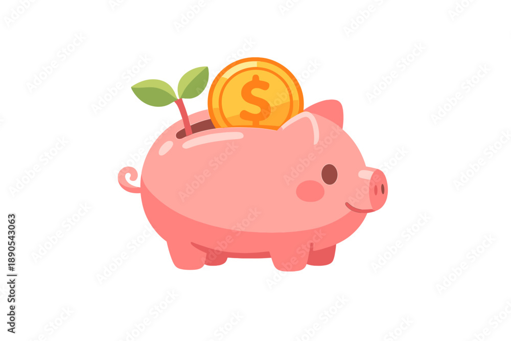 Fototapeta premium Cute piggy bank with a coin and a plant growing in it shows the concepts of saving money and growth in a simple design