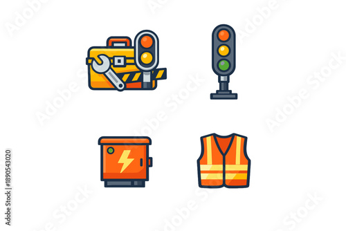 Traffic tools and safety gear are shown in a flat design with a toolbox, traffic lights, electrical box, and safety vest