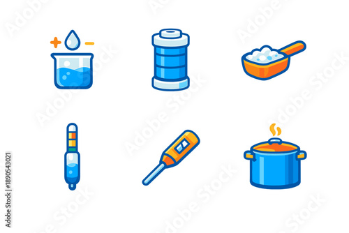 Elements used in a cooking process are shown including water, salt, thermometer, and pot during a kitchen activity at a home setting