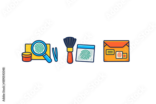 Tools for fingerprint analysis are displayed on a clean background with a focus on identification and investigation processes during the day