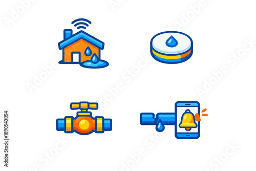 Water management system with home monitoring, smart device alerts, valve control, and leak detection displayed in simple icons